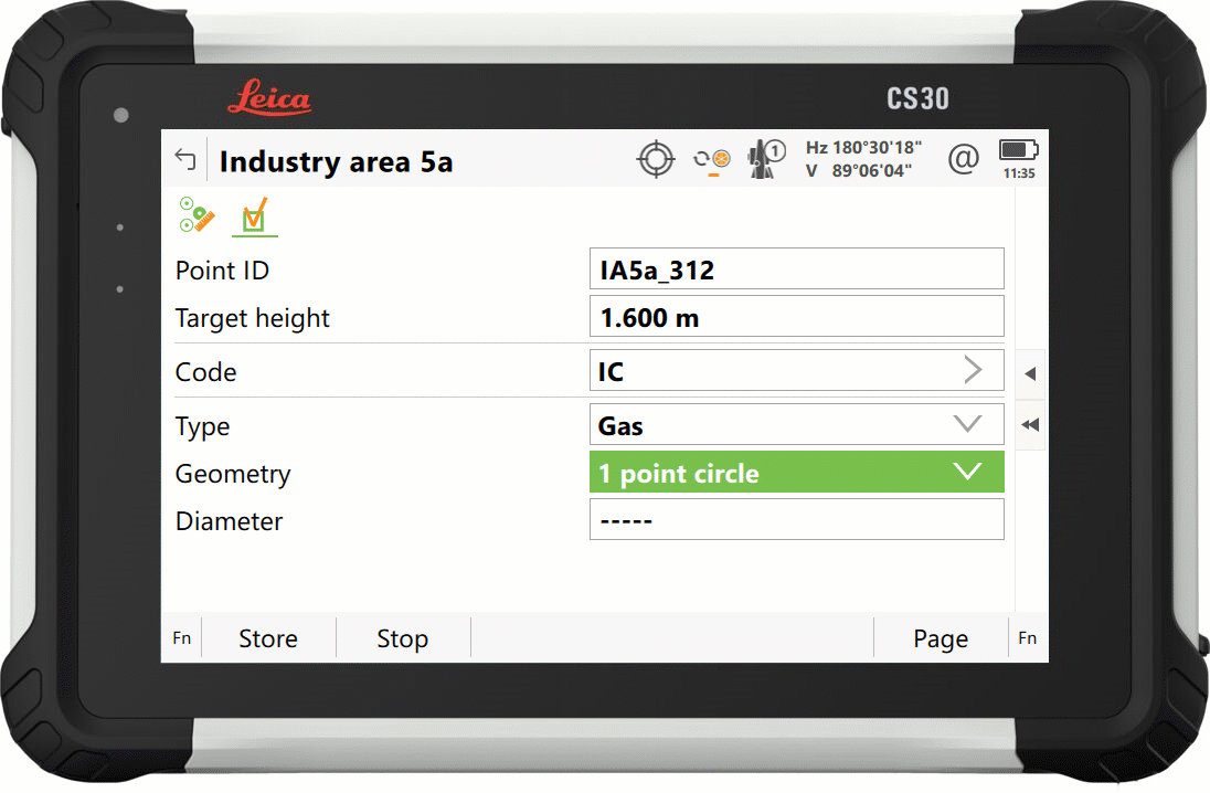 surveying field software on a tablet screen showing measured point attributes 